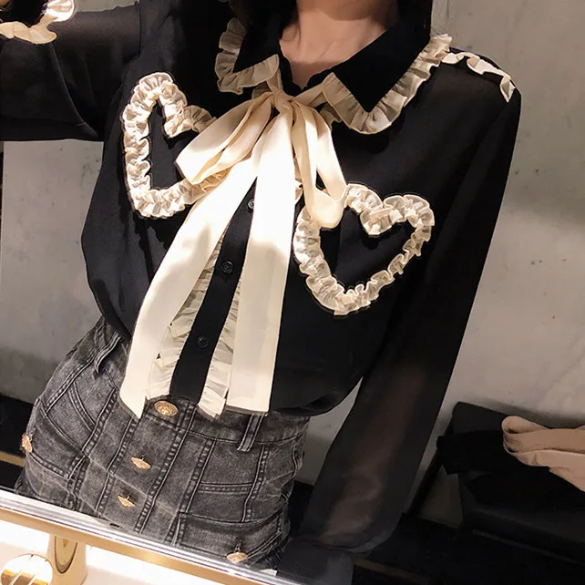 Оборками отложным воротником ленты бабочкой Шифоновая блузка Для женщин модная