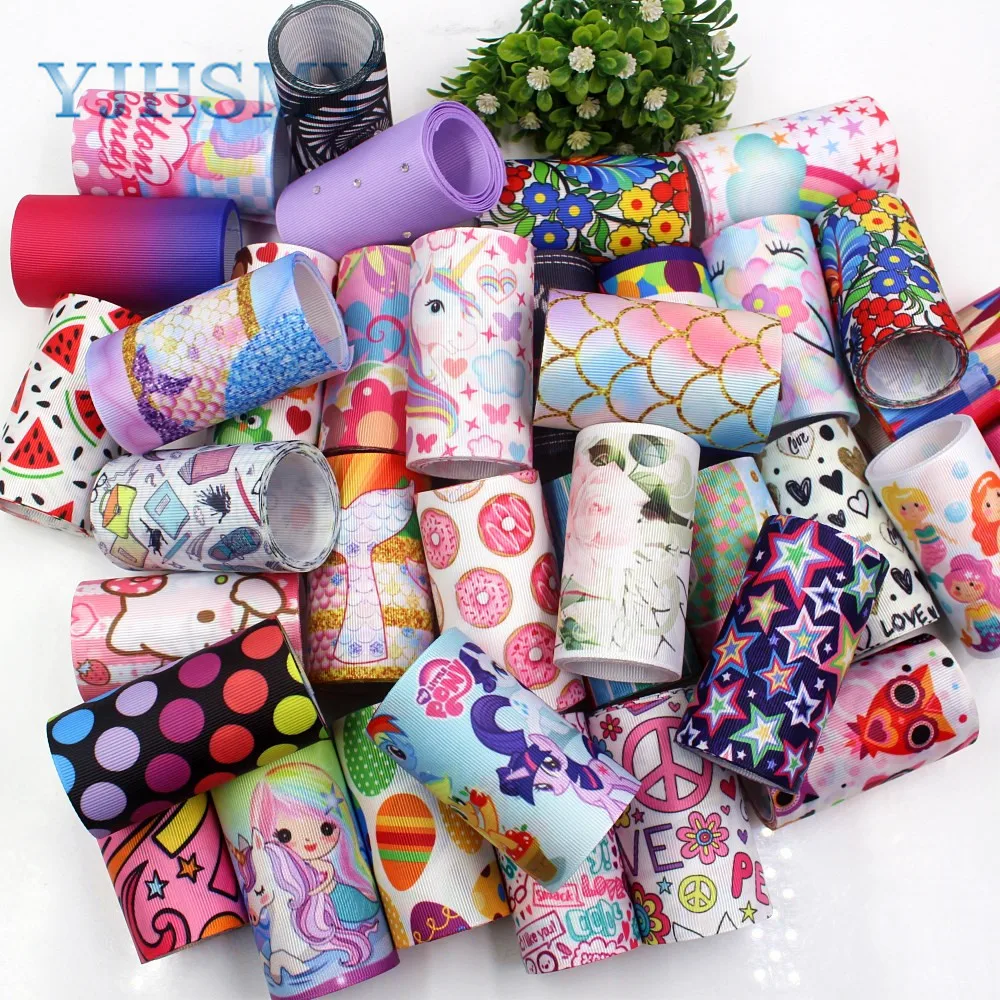 

YJHSMY 19417-1,5 style mix (3")75mm 5yards,Various geometric cartoon flowers,etc.grosgrain ribbons,DIY bow cap accessories