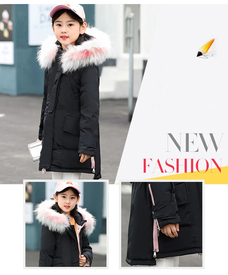 30 degrees Russia Girls down Jacket Winter Children Clothing Fashion multicolour Fur Collar Warm Outerwear& Coats 4-12 Y