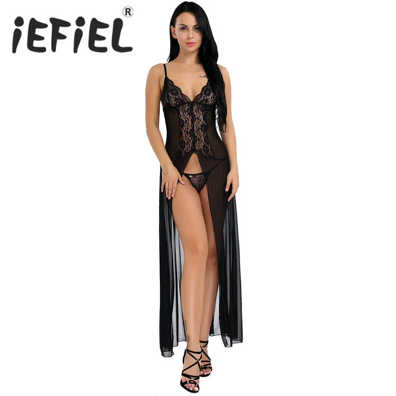 iEFiEL Sexy Women See-through Lace Floral Split Long Babydoll Nightwear Dress with G-string Clubwear Underwear Lingerie | Тематическая