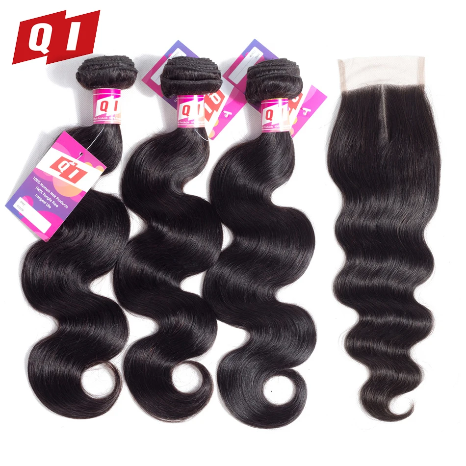 QI Hair Body Wave Brazilian 100% Human Bundles Natural Color 3 With Lace Closure Non Remy Extension | Шиньоны и парики