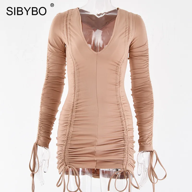 SIBYBO, Осеннее Плиссированное сексуальное мини-платье с длинным рукавом, модное облегающее Повседневное платье с v-образным вырезом, женские уличные облегающие вечерние платья