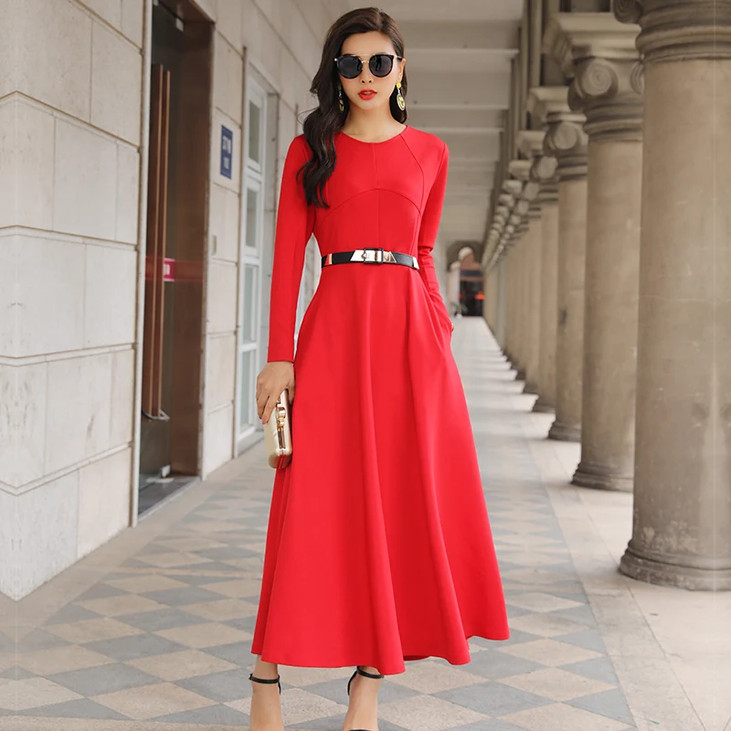 2018 осеннее Новое Женское однотонное длинное платье с круглым вырезом и высокой