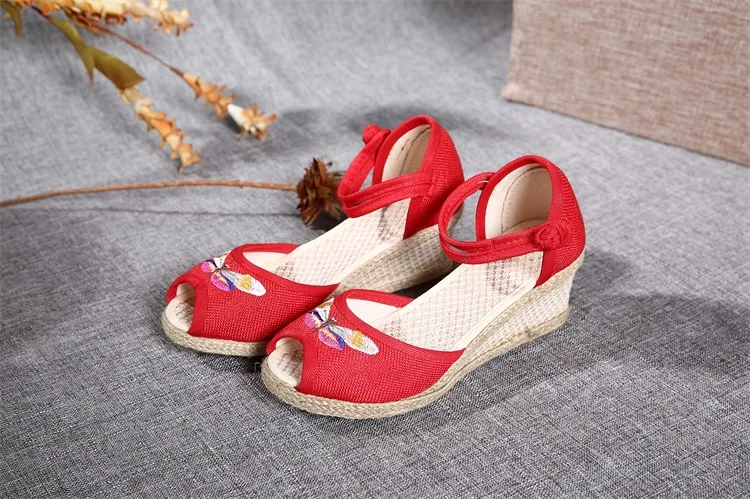 Old Beijing Cloth Shoes Women Summer Ethnic Wedges Sandals Fish Mouth Embroidered Peep Toe | Обувь