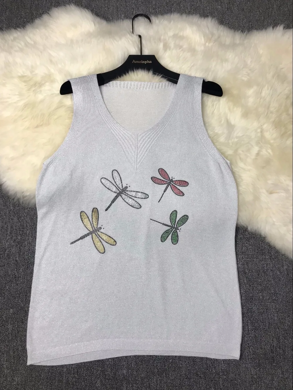 Amolapha Women Dragonfly Diamonds Knit Vest Shirts V Neck Sleeveless Summer Woman Casual T-shirt Tops | Женская одежда