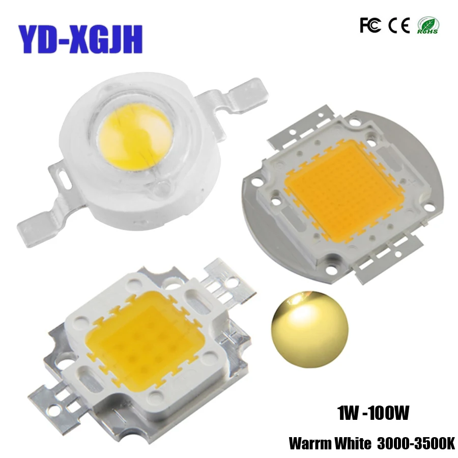 

YDXGJH High Power LED Chip 1W 3W 5W 10W 20W 30W 50W 100W SMD LED Lamp COB Warm White 3000K 3.0-3.4V for Floodlight Spotlight