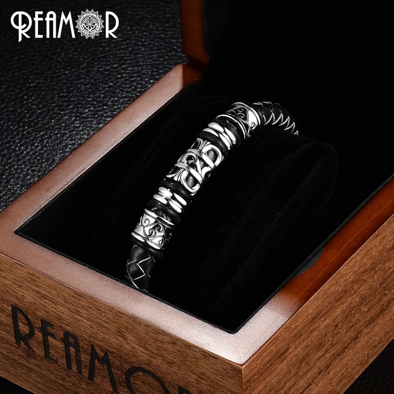 REAMOR 316L из нержавеющей стали Тотем мужские браслеты из натуральной кожи веревка пряжка с магнитом комбо браслеты модные мужские ювелирные изделия