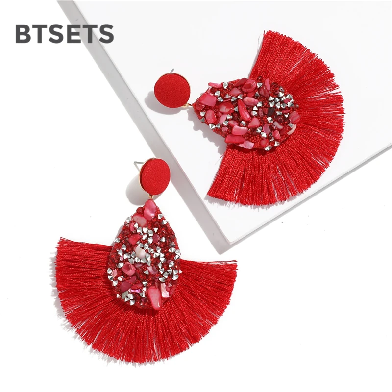 BTSETS, красочные серьги с кисточками и кристаллами для женщин, очаровательные серьги, модные ювелирные изделия, свадебные серьги с бахромой