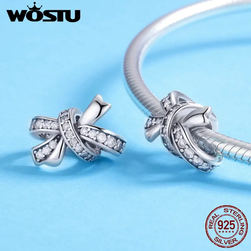 WOSTU Аутентичные 100% Стерлинговое Серебро 925 пробы бант Кристалл CZ бусины амулеты fit