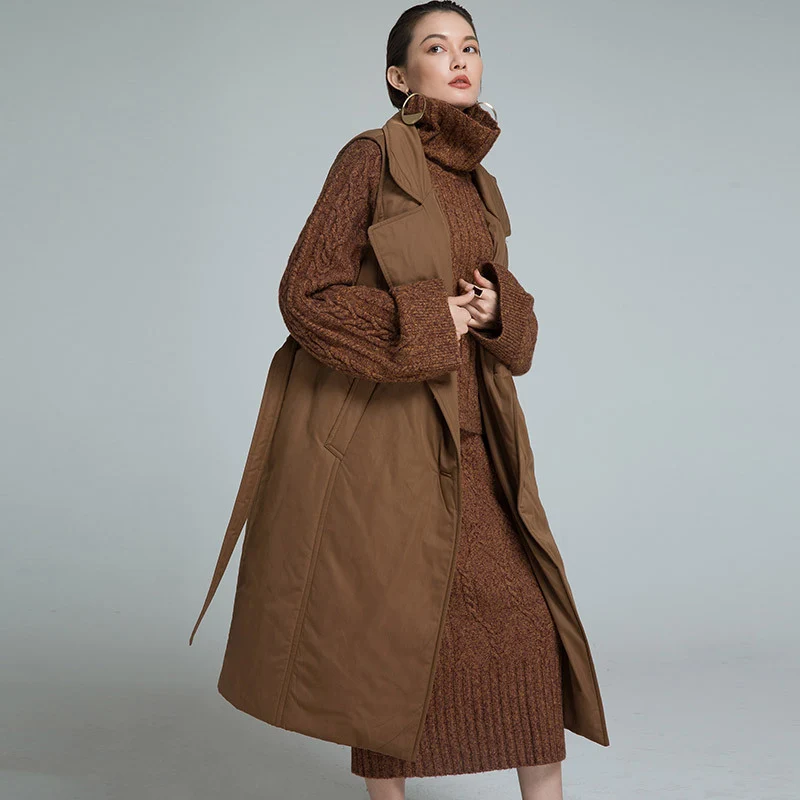 FYYIYI Sleeveless Vest Down Jacket Long Casual Lapel Coat Autumn Winter Slim Thick Jackets Fashion Adjustable Waist Pockets | Женская