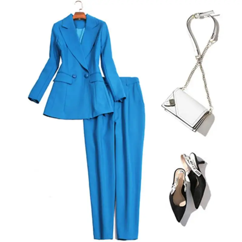 Women Pant Suits New professional set of long-sleeved European and American fashion suit high waist Harlan nine pants two sets |