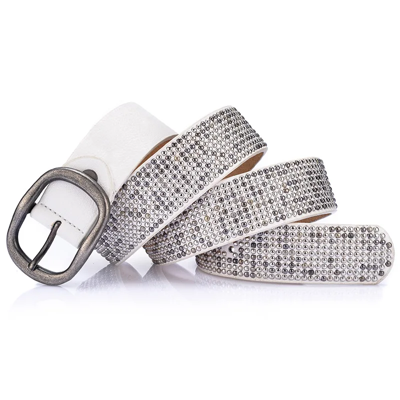 Роскошный ремень с заклепками в стиле панк-рок, Пряжка из воловьей кожи, ручная работа, женский ремешок для бедер, тонкий для джинсов BL294 - Цвет: Wihte