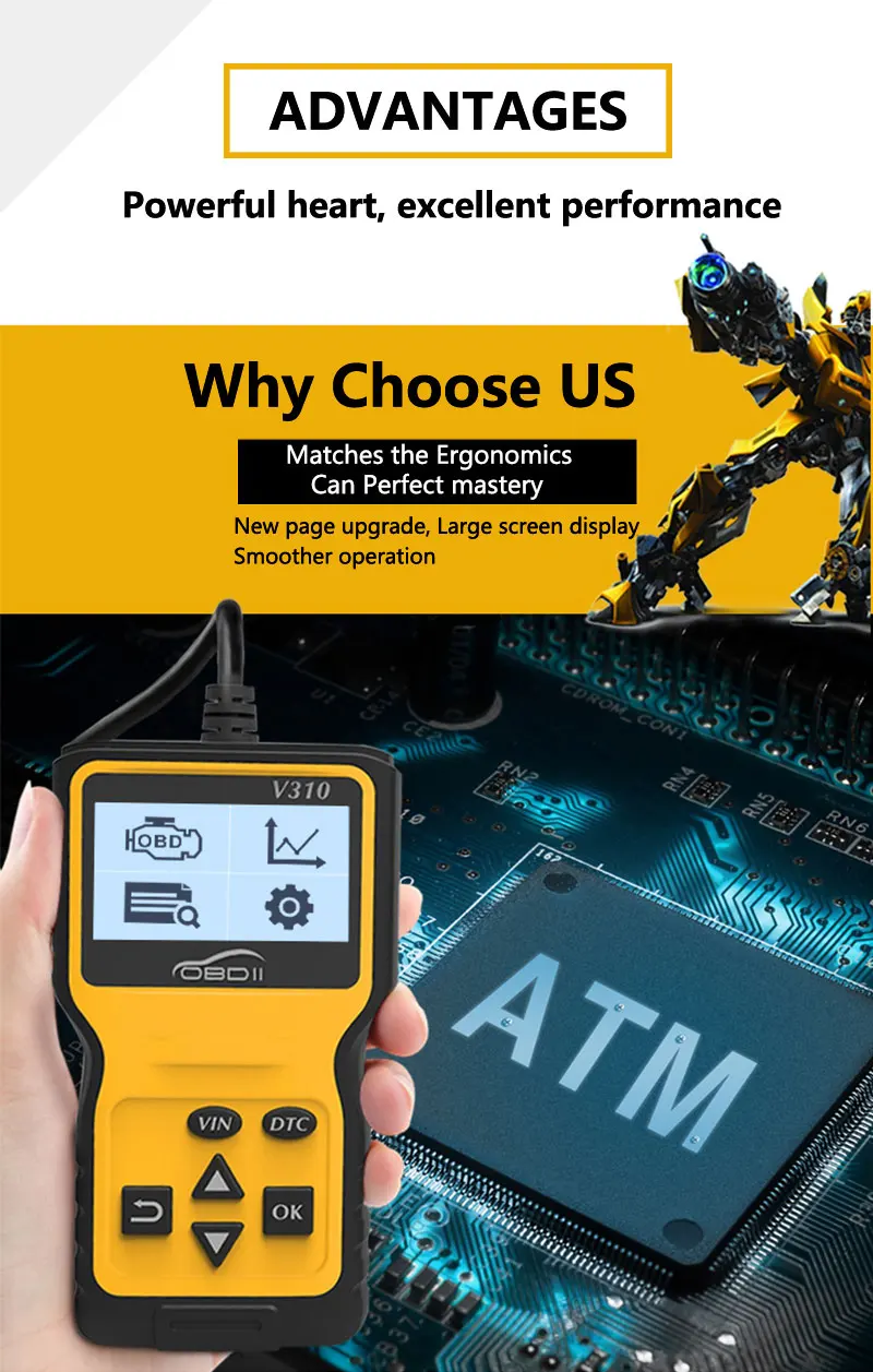 VXDAS V310 автомобильный считыватель кодов Авто AD310 OBD2 сканер V1.1 16pin мужской двигатель охлаждающей жидкости Temp Автомобильный датчик скорости OBDII диагностический инструмент