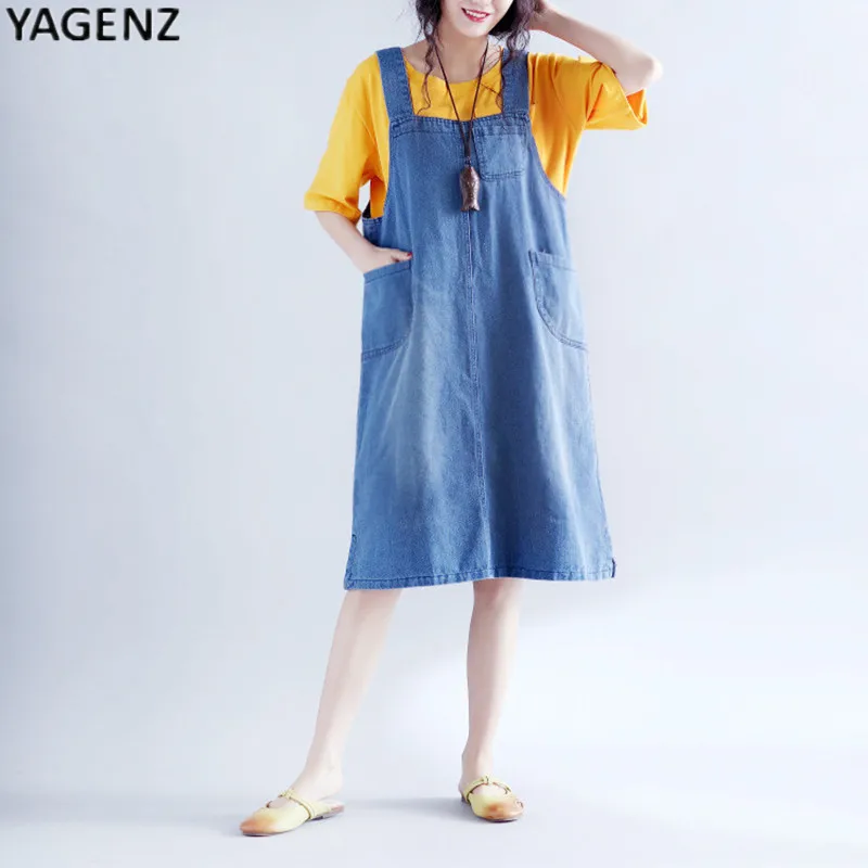 Женское джинсовое платье свободное Повседневное из денима на бретельках большие