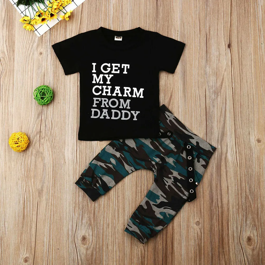ISHOWTIENDA Toddler Kids Baby Boys Letter Tops T-shirt Camo Pants Set 2PCS Clothes Outfits Boy Summer |