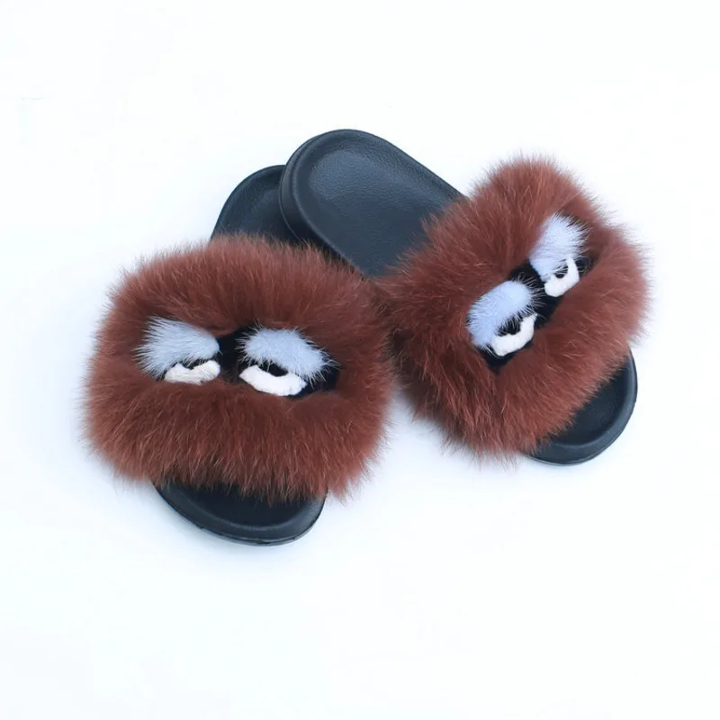 Женские тапочки монстр из натурального Лисьего меха милые меховые Шлепанцы