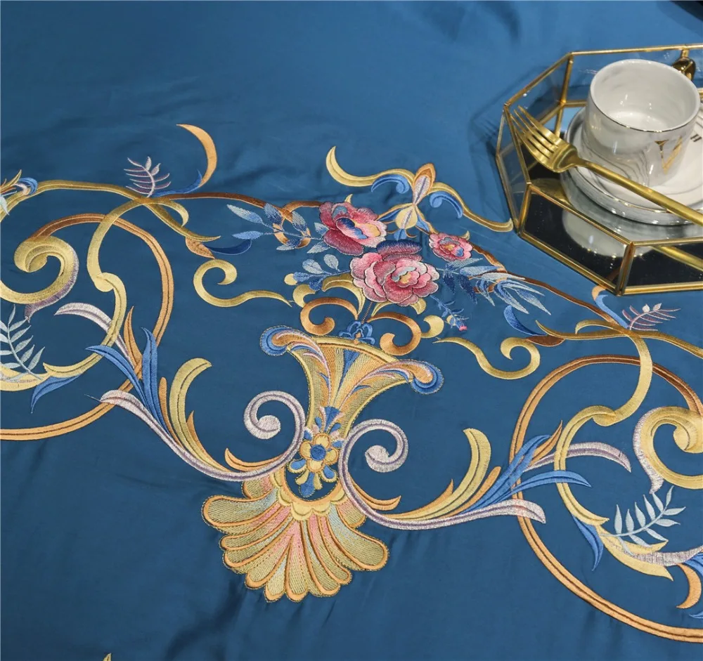 Роскошные Синие постельные принадлежности из египетского хлопка с вышивкой 80 S