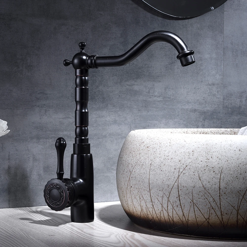 

Basin Faucet Black Antique Brass Retro Bathroom Sink Faucet Single Handle Hight Arch Swivel Spout Kitchen Deck Vessel Mixer Taps