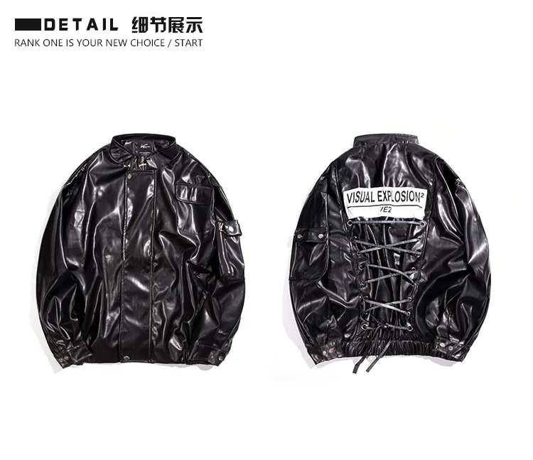 Silver Black PU Leather Jacket Men's Hip Hop Fashion Oversized Leather Jacket Coat Male Women Multi-pockets Lace Up Jackets