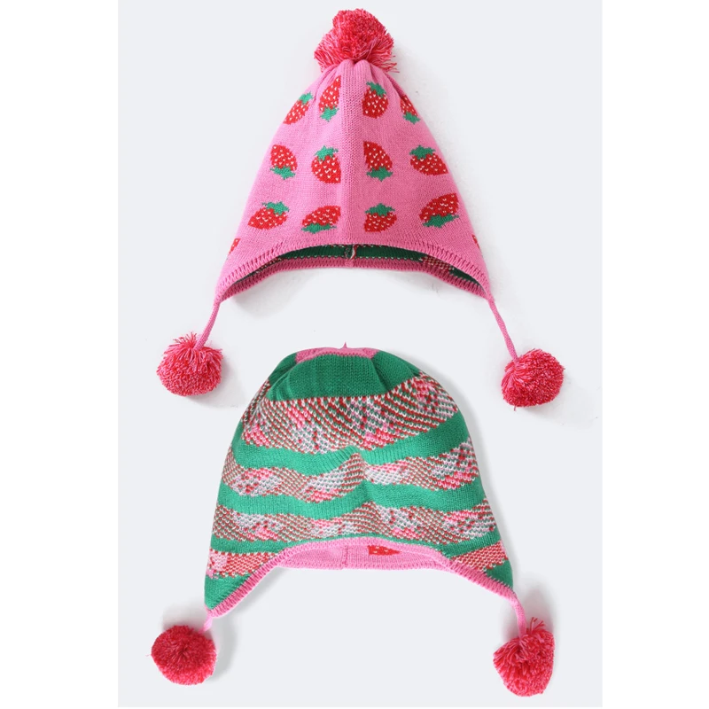 

Children's Winter Hats Girls Pompom Kids Cap Warm Knitted Hat Girl Strawberry Printed Cute Girls Beanies Autumn Caps