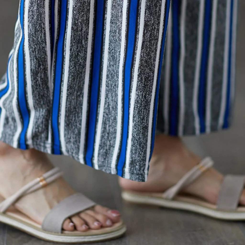 

trousers women streetwear summer trousers women Striped Elastic-Waist Loose Cotton And Linen Casual Ankle-Length Pants Y625