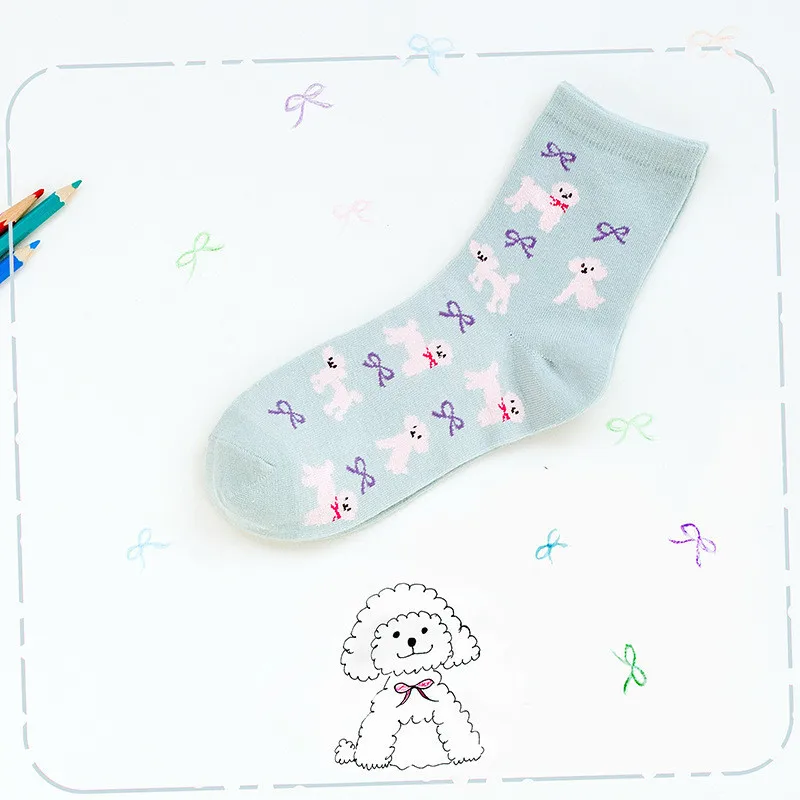 Новинка года Harajuku мультфильм животных Симпатичные Пудель узор хлопок Для женщин Носки для девочек творческий японский Новинка Пасхальный Kawaii Забавный Хэппи Сокс - Цвет: Light Blue