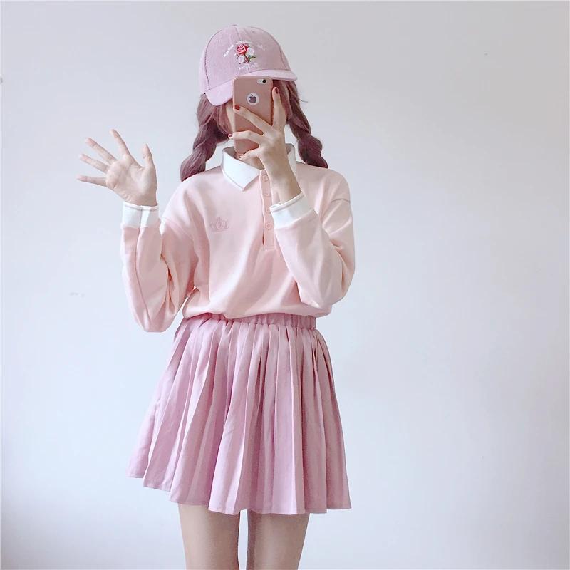 С длинным рукавом отложным Каллар Для женщин футболка Милая Вышивка студент