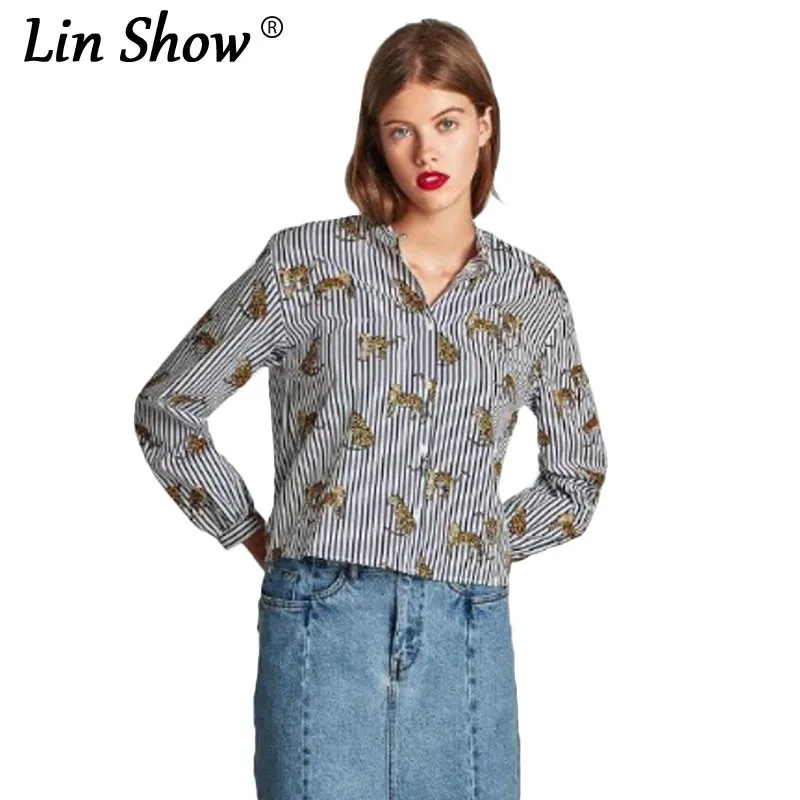 Linshow Мода Животных Печатные Блузка с длинным рукавом белый полосатый Питер Пэн