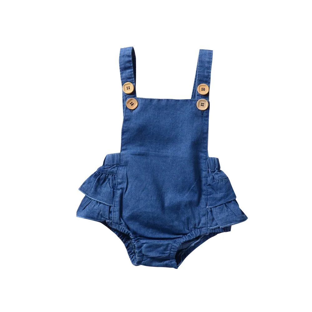 

Baby Girls Sleeveless Strapless Adjustable Layered Washed Blue Jeans Casual Fashion Little Baby Rompers Fashion Summer Rompers