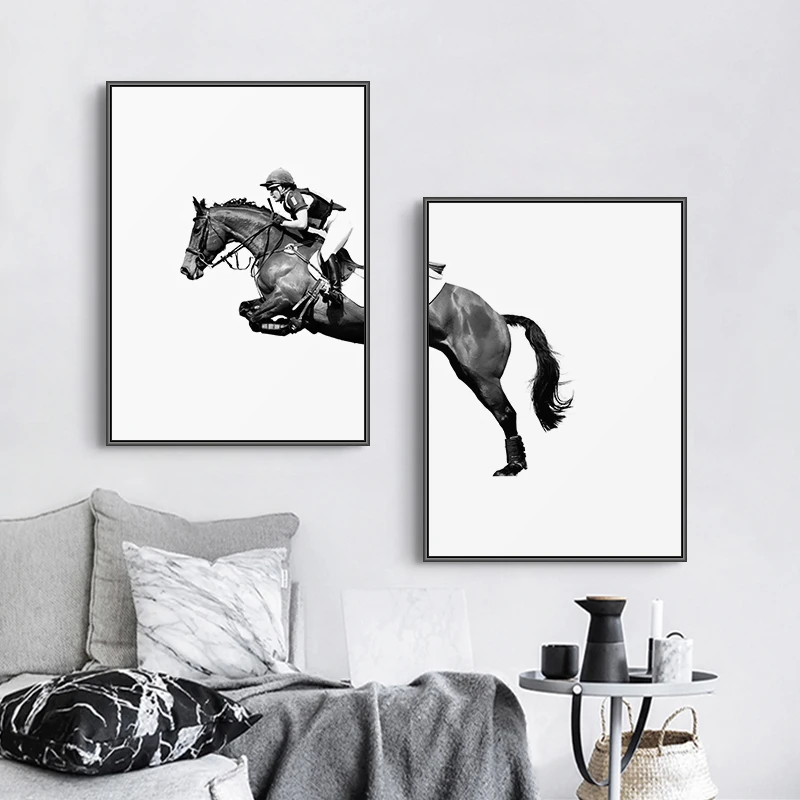 Плакаты и принты на холсте с изображением черных белых лошадей Минималистичная