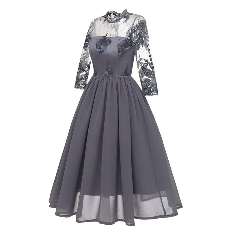 OTEN Autumn 2018 Women Elegant Long Sleeve O Neck Mesh Lace Patchwork transparente pleated chiffon Flower Embroidery party dress | Женская