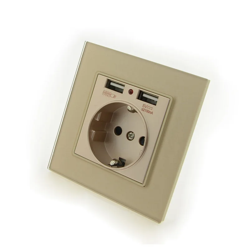 Роскошная стеклянная панель, настенная розетка USB 16А, стандартная электрическая розетка европейского стандарта с двумя usb-разъемами 2100 мА, зарядное устройство для мобильного телефона - Тип: Gold Glass Panel