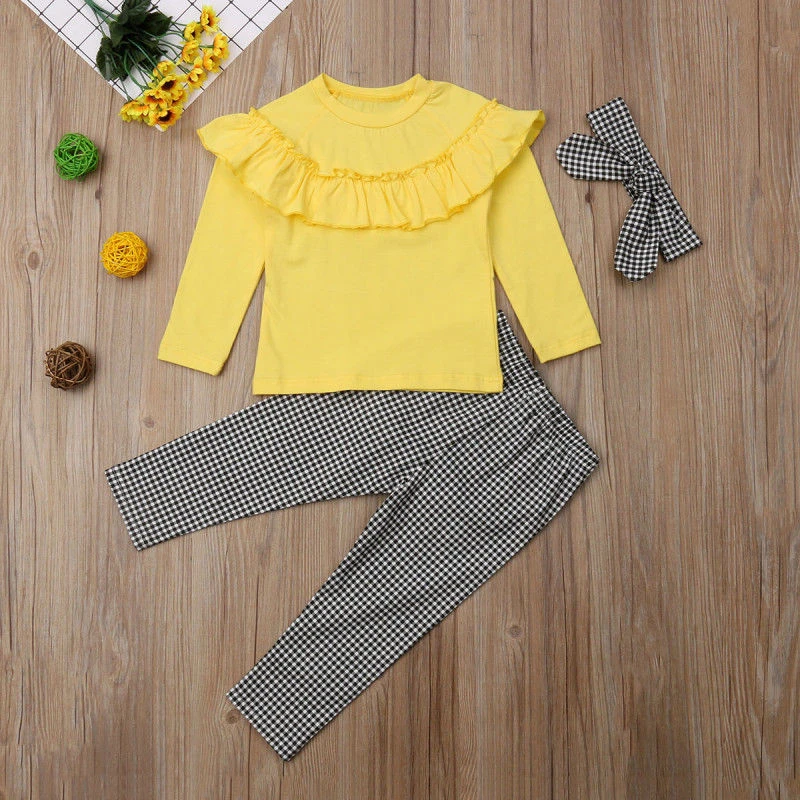 Child Baby Girl Ruffle Plaid Clothes Set Autumn/Winter Yellow Blouse Shirts Tops+Long Pants+Headband Cute Kids Girls Outfits | Мать и
