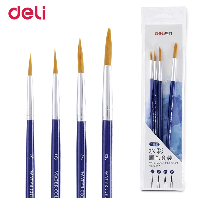 

Deli 4pcs 4size wood nylon round brush set for watercolor gouache drawing school art supply professional acrylic oil paint brush