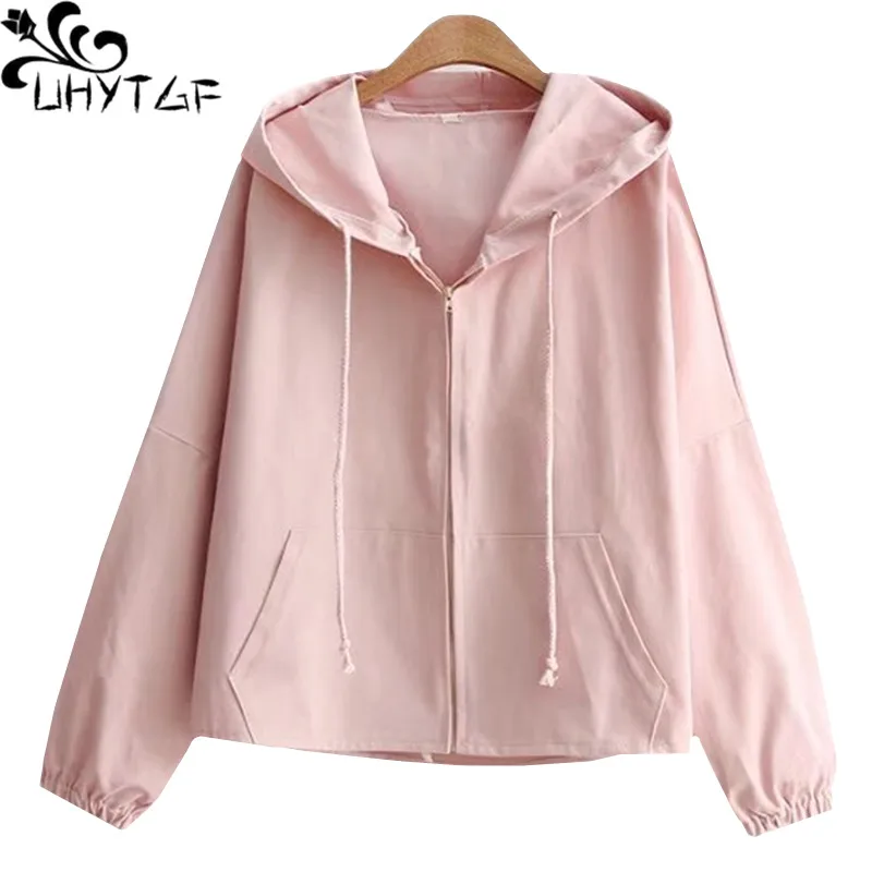 

UHYTGF Womens Basic Jackets fashion Zipper Casual Long Sleeves short Coats Small fresh hooded student spring autumn jacket 681
