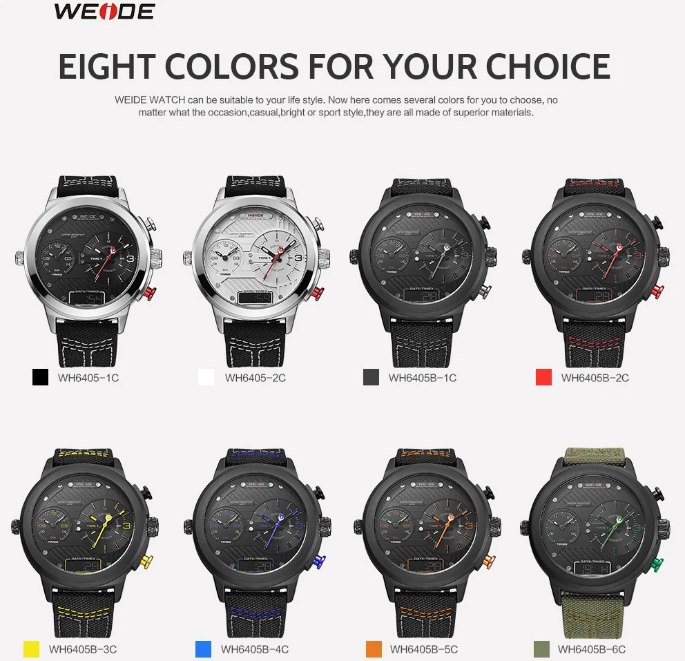 WEIDE ЖК-дисплей цифровой Спорт черный большой циферблат Multi-time zone карманные часы кварцевые Элитный бренд Аналоговый часы с нейлоновым ремнем коробка