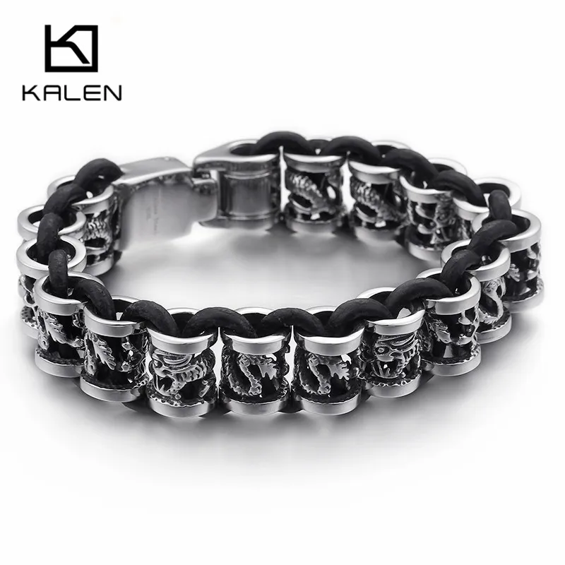 Браслет Kalen с изображением дракона 316L из нержавеющей стали и кожи для мужчин Шарм