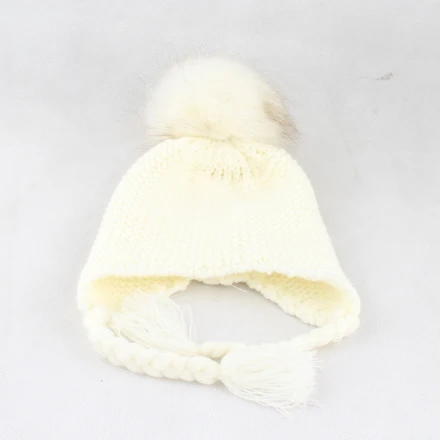 white hat white fur Для мальчиков и девочек зимняя шапка для малыша помпоны из меха шапочка дети шерсть вязаный шапка, закрывающая уши - Цвет: white hat white fur