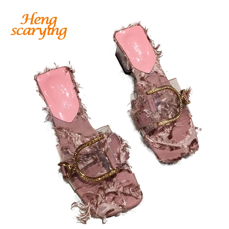 2019 г. летние роскошные дизайнерские женские шлепанцы на Высоком толстом каблуке