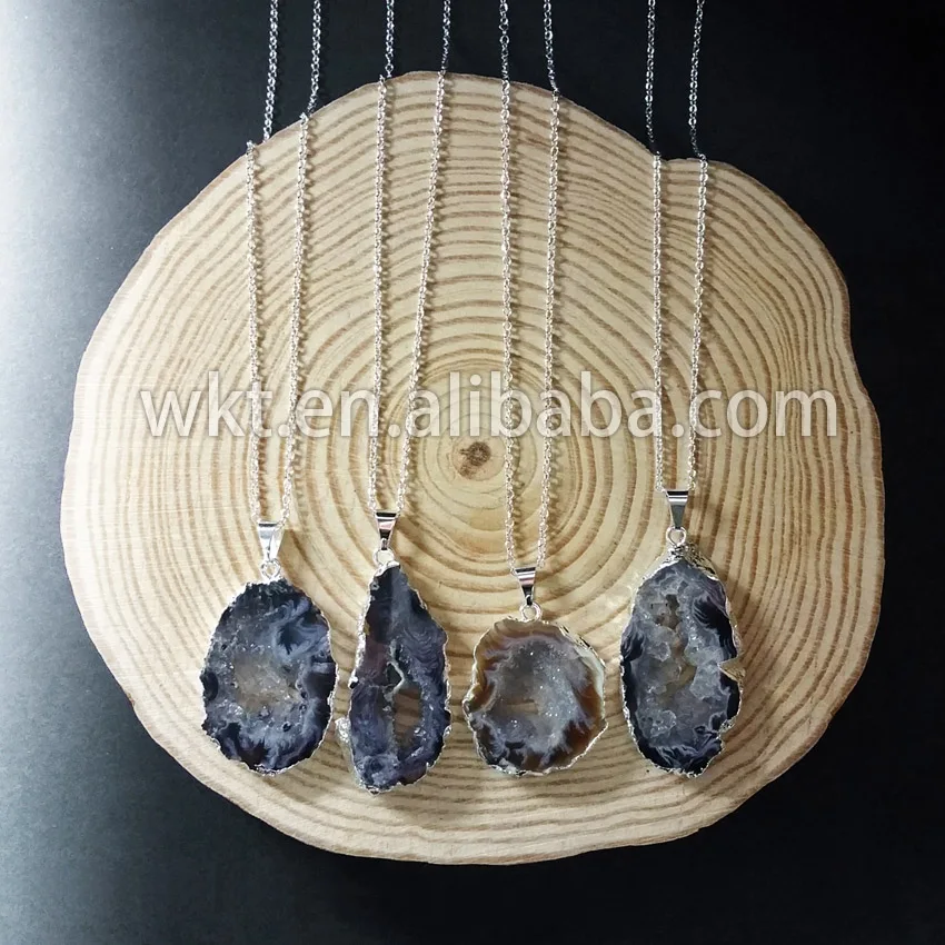 WT-N140 оптовая продажа натуральный жеод срез камня ожерелье Мода druzy geode с черными