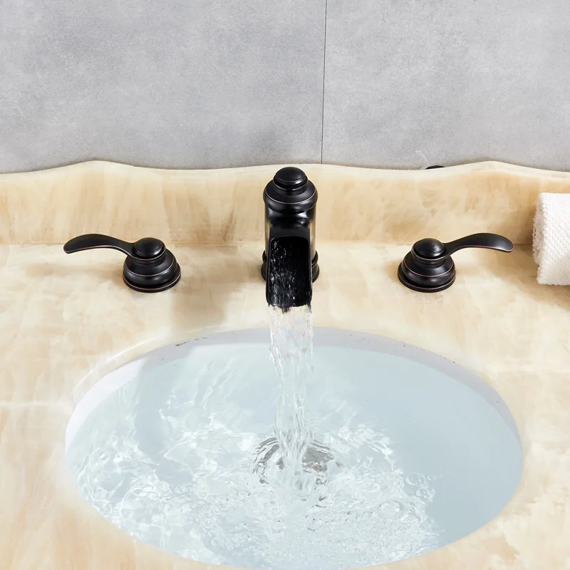 Suguword ORB Bathroom Sink Faucet Mixer Tap Hot and Cold Water Switch Dual Handle 3 Hole Widespread Install Waterfall Waterway |