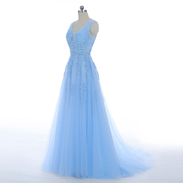 Vestido de festa Новое поступление Robe De Soiree v-образный вырез с кружевной аппликацией длинные тюлевые вечерние платья розовый темно-синий серый - Цвет: sky blue