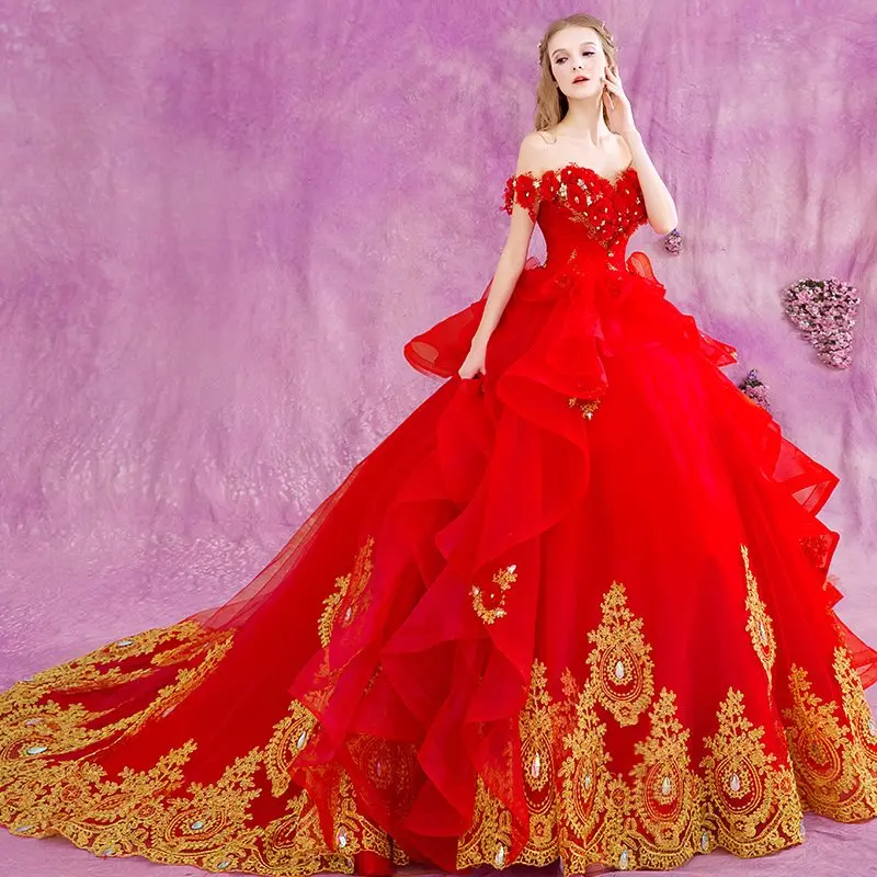 

2020 Puffy A-Line Beaded Lace Appliques Off the Shoulder Red Wedding Dress Wedding Gowns Vintage Plus Size Custome Made