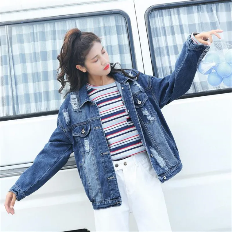 Фото Large Size S-5XL Hole Denim Jacket Coat Women 2019 Spring Autumn Female Loose Casual BF Jeans Student Jaqueta Feminina D709 Женская Large Size S-5XL Hole Denim Jacket Coat Women 2019 Spring Autumn Female Loose Casual BF Jeans Student Jaqueta Feminina D709 Женская