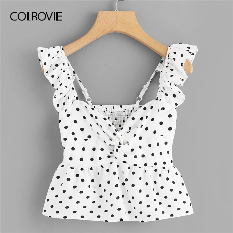 COLROVIE, темно-синий, крученый, в горошек, Boho, укороченный топ с баской, Женская Сексуальная Блузка, рубашка,, летняя, белая, для отдыха, для девушек, блузки