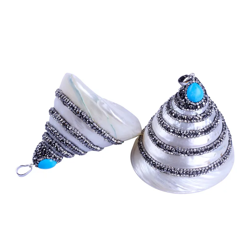 5pcs charms spiral natural white shell shellfish black rhinestone blue turquoise necklace for women pendants jewelry making | Украшения и