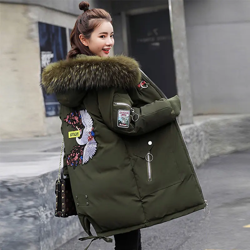 Женское зимнее пальто с меховым капюшоном большие размеры 3XL корейское длинное