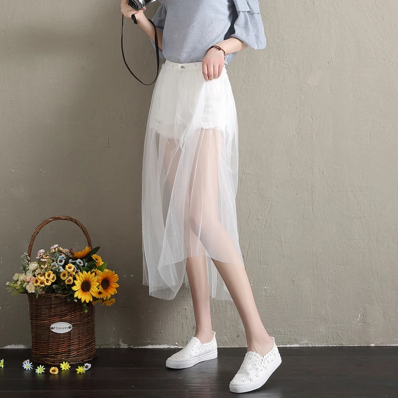 Женская фатиновая юбка-пачка с высокой талией Джинсовая юбка фальш-вставкой в