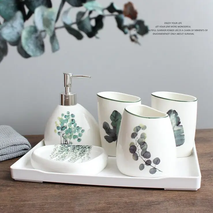 Set A and white tray Нордическое зеленое растение, керамика, 5 шт., Товары для ванной комнаты, аксессуары для ванной комнаты, наборы, свадебный набор для ванны, подарки, бутылка для хранения в ванной, 0946 - Цвет: Set A and white tray