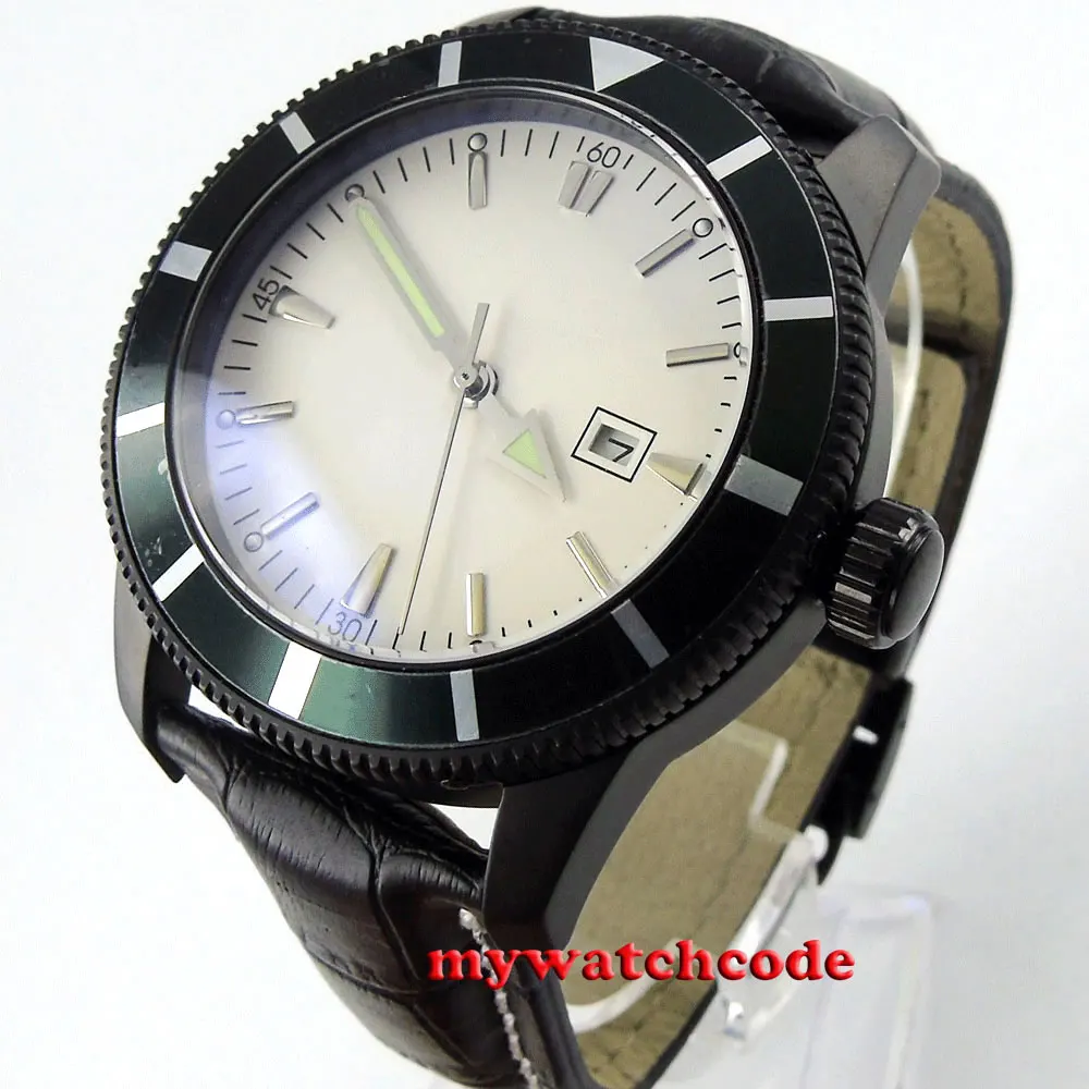 

46mm white dial luminous marks date PVD case automatic mens watch B19